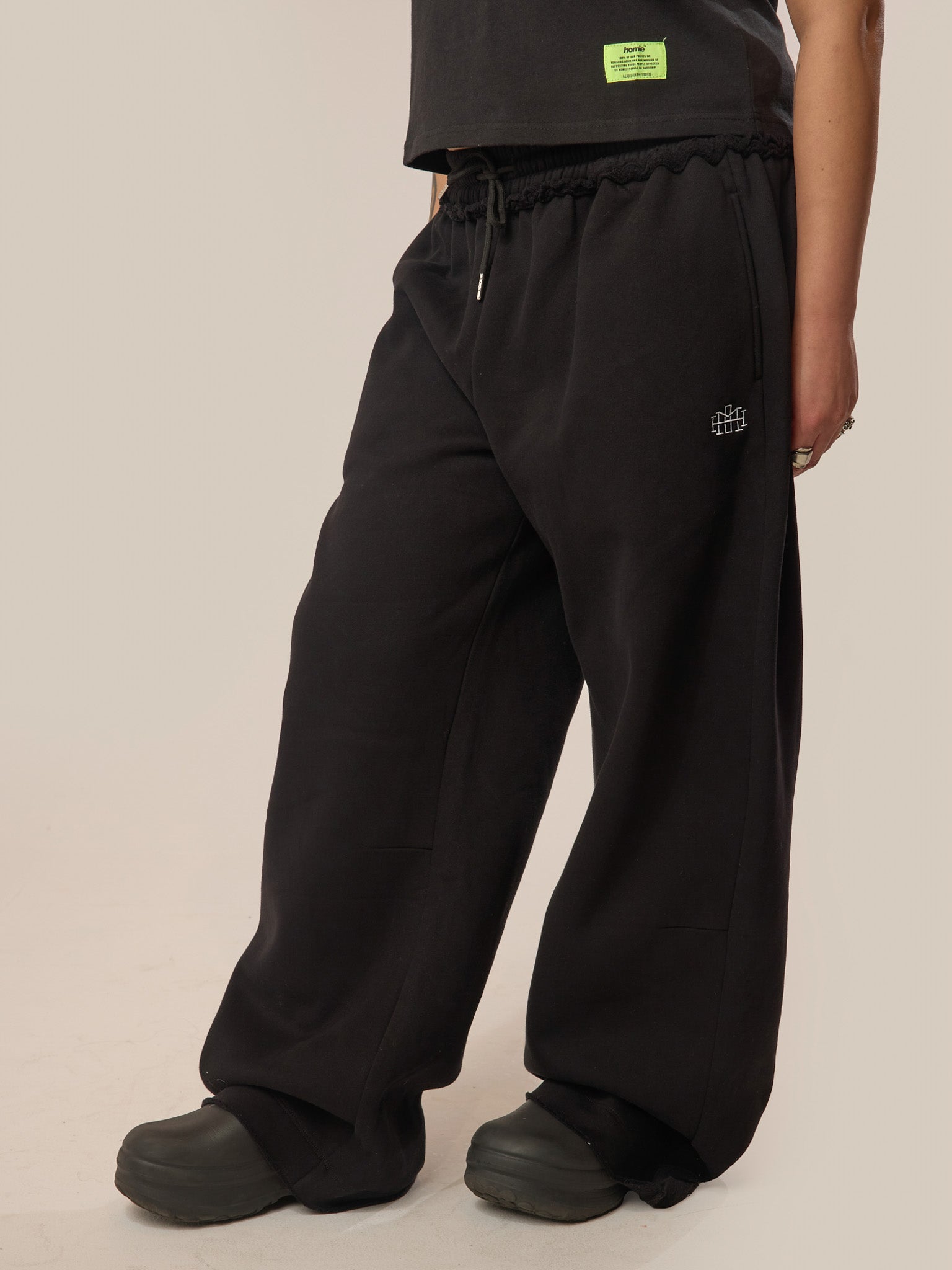 Wide Leg Monogram Trackpants - Black