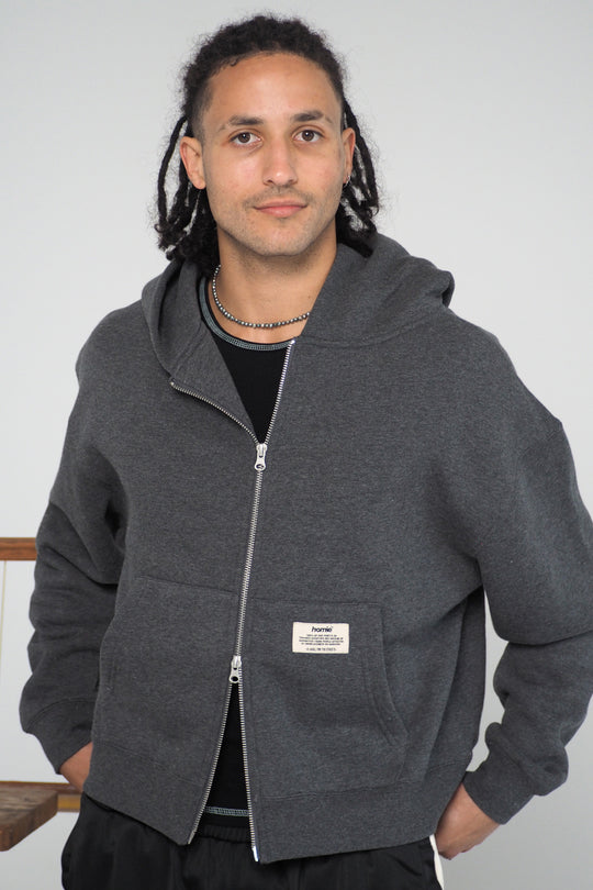 Cropped Zip Hoodie - Charcoal / Heather Grey