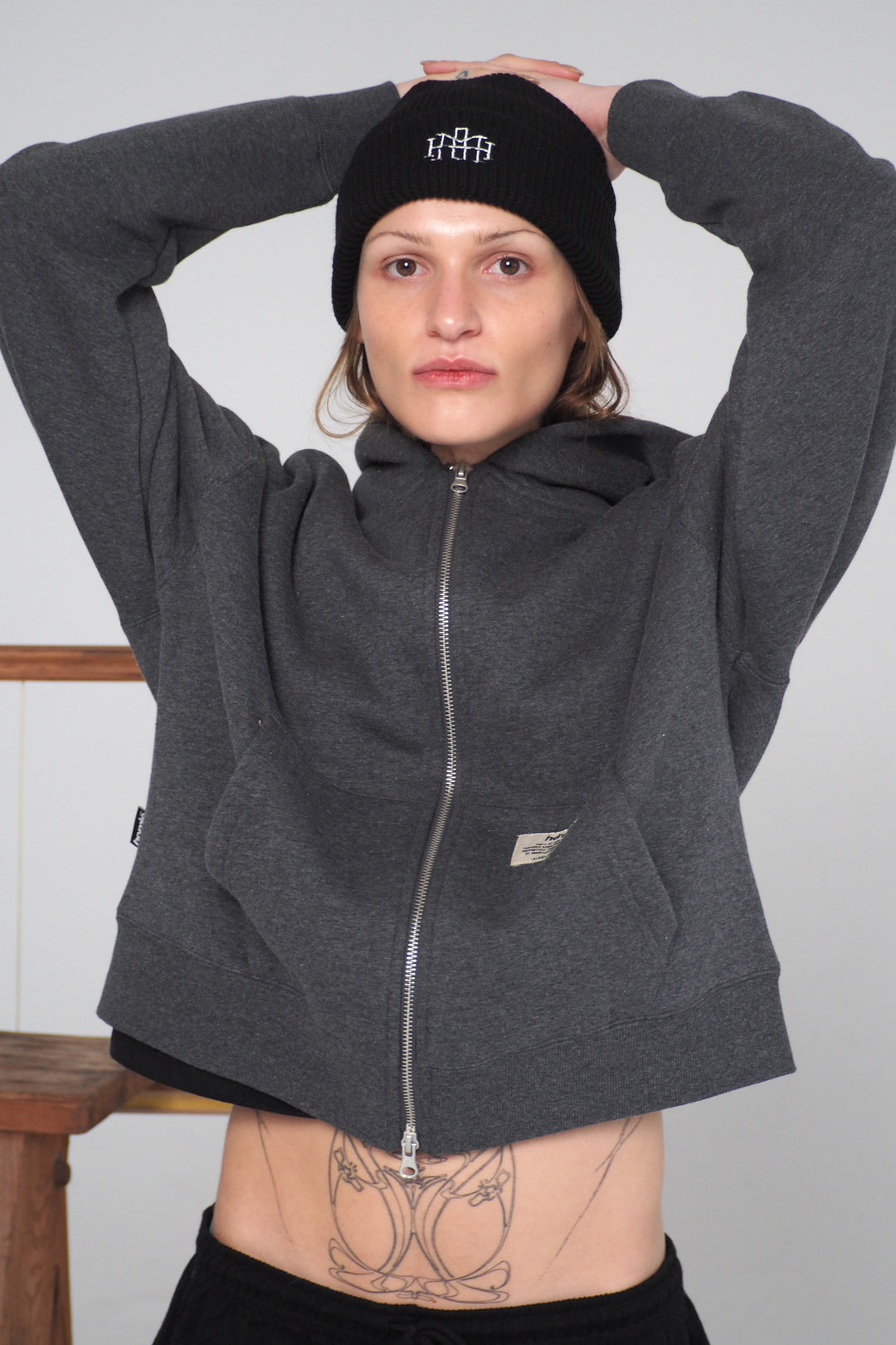 Cropped Zip Hoodie - Charcoal / Heather Grey